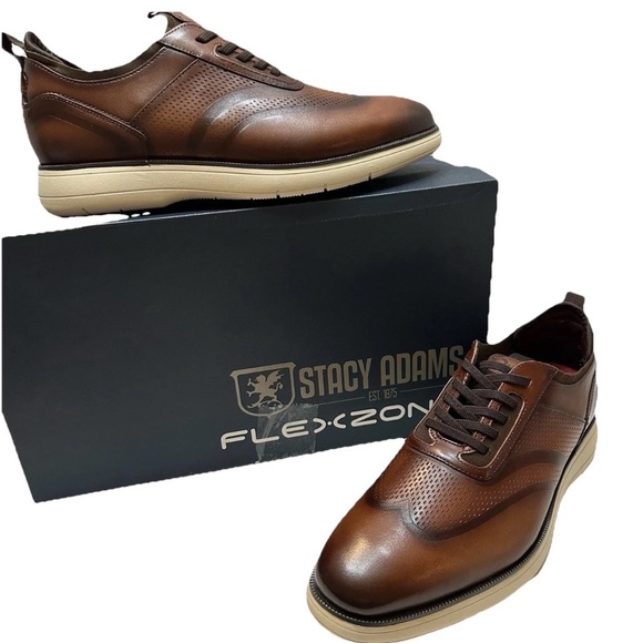 Stacy Adams Edgewood Leather Wingtip Elastic Lace Dress Sneakers-Cognac 7.5 Shoe